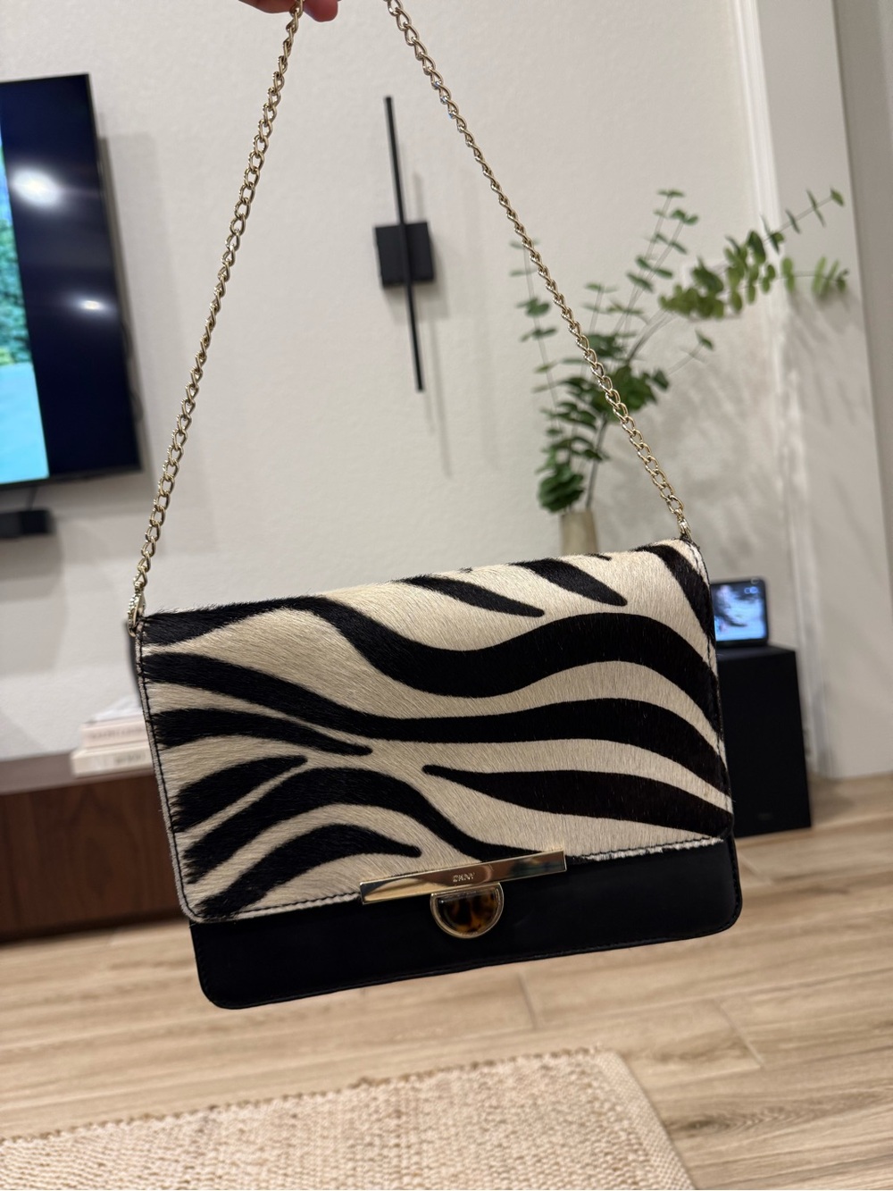 Zebra-Print Chain Shoulder Bag - Black & White